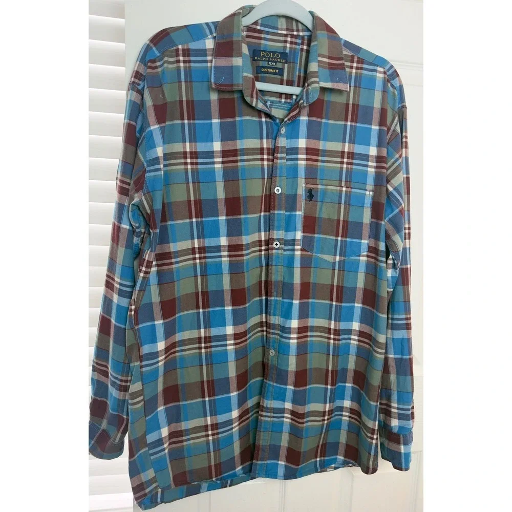 Polo Ralph Lauren Men XXL Custom Fit Plaid Button Down Shirt Blue Burgundy Tan